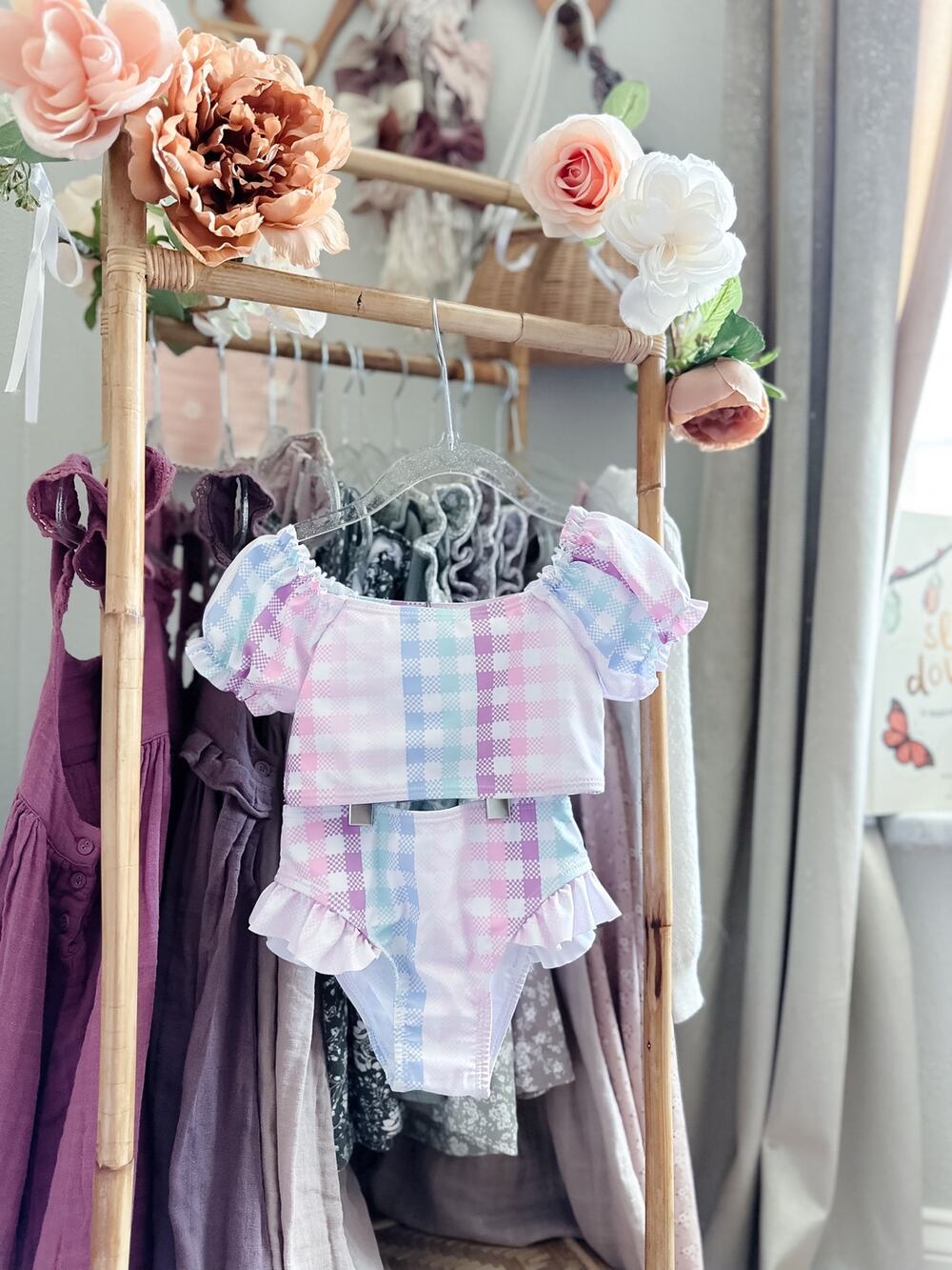 New Darling Pastel Girly Gingham Puff Slv 2pc Swimsuit 3T